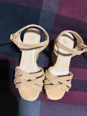 Braided Wedge Sandals with Ankle Strap in Beige